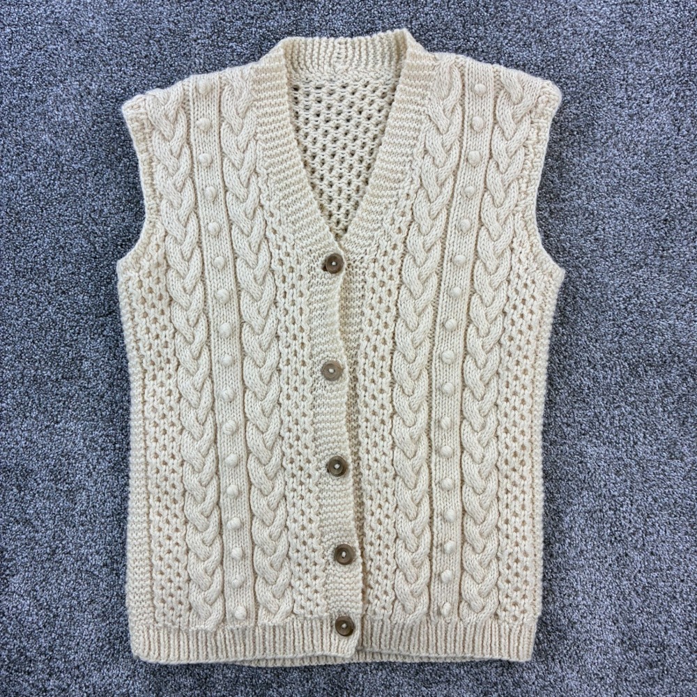 Vintage Cable Knit Sweater Vest Mens Medium Beige Button Fisherman Chunky 3D